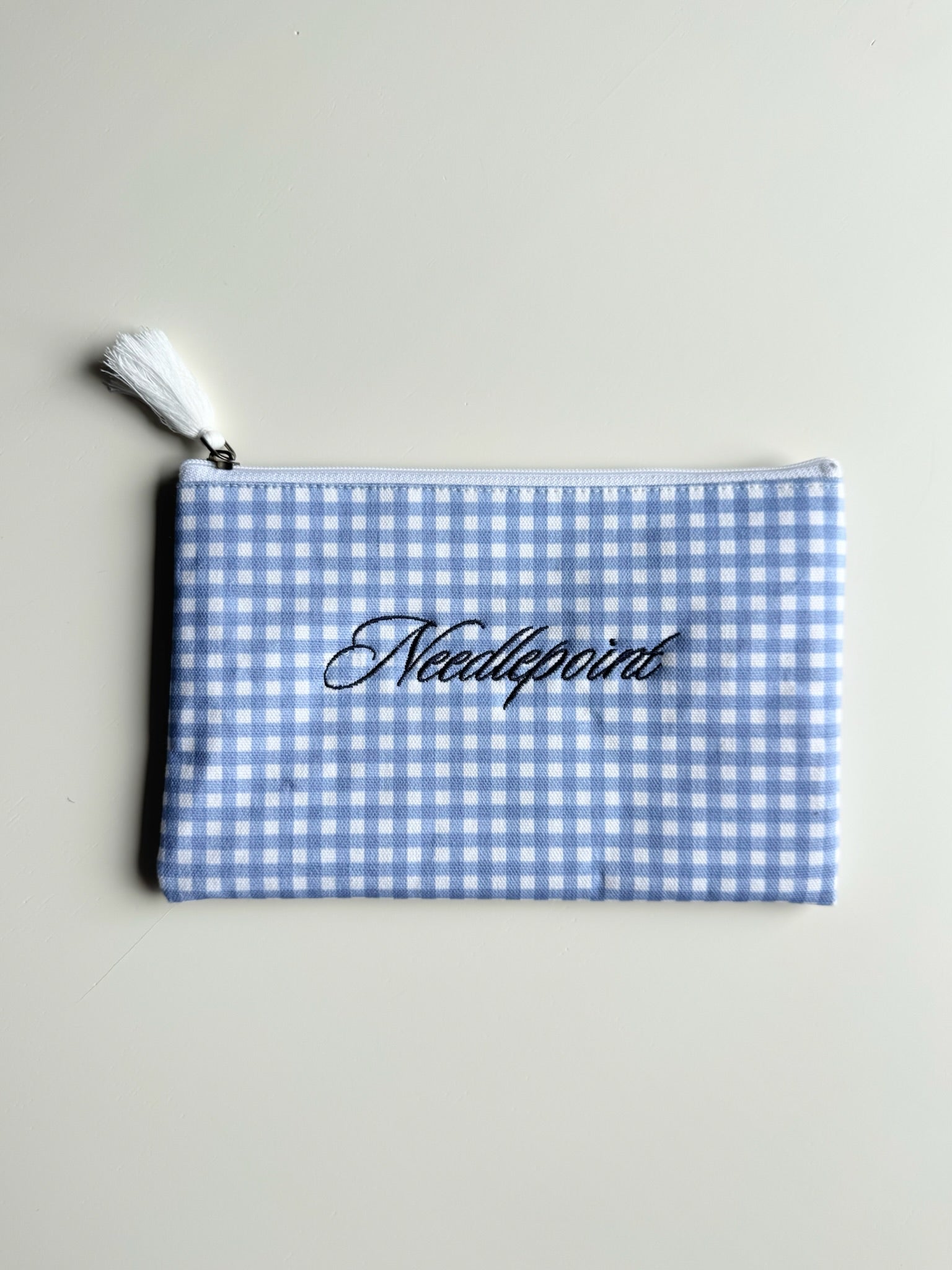 Blue Gingham Needlepoint Zipper Bag with Tassel