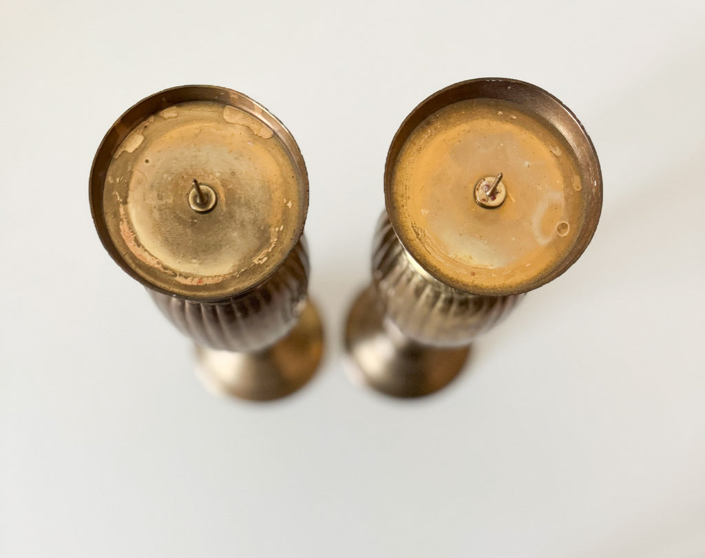 Vintage Art Deco Ribbed Design Brass Candlestick Pair with Dark Patina