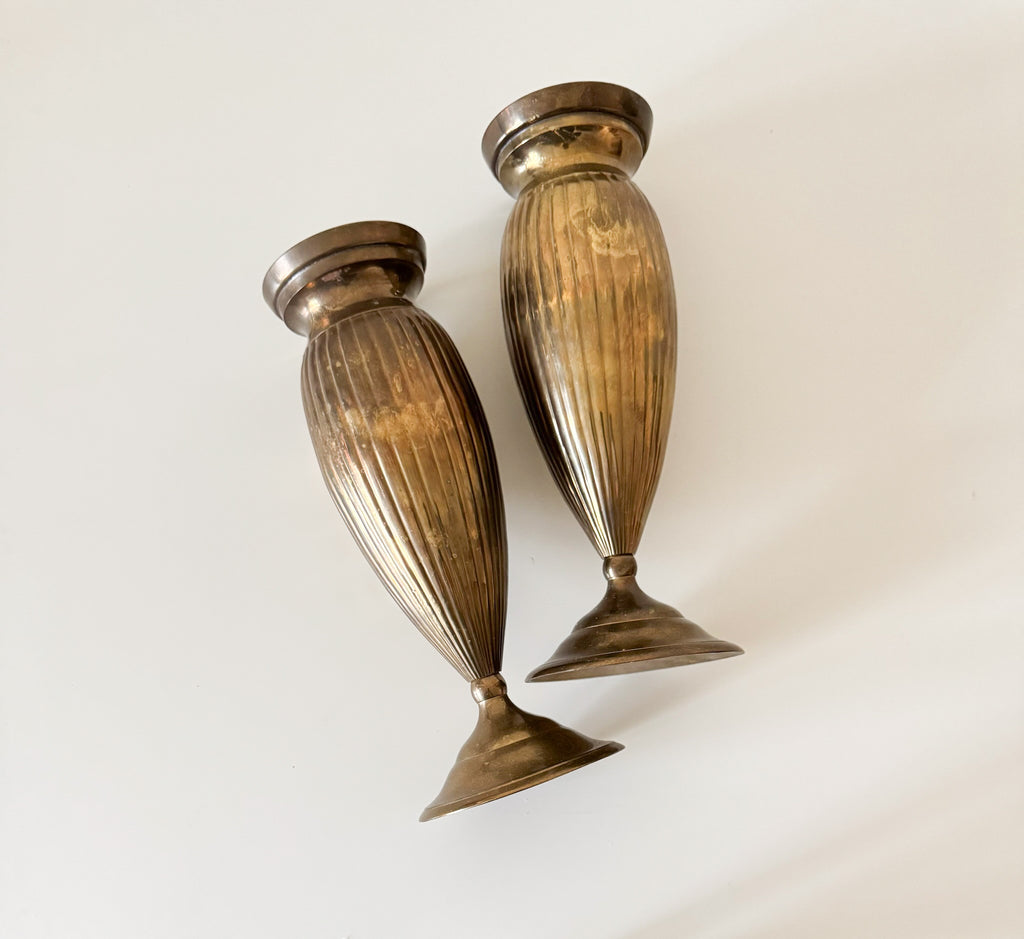 Vintage Art Deco Ribbed Design Brass Candlestick Pair with Dark Patina