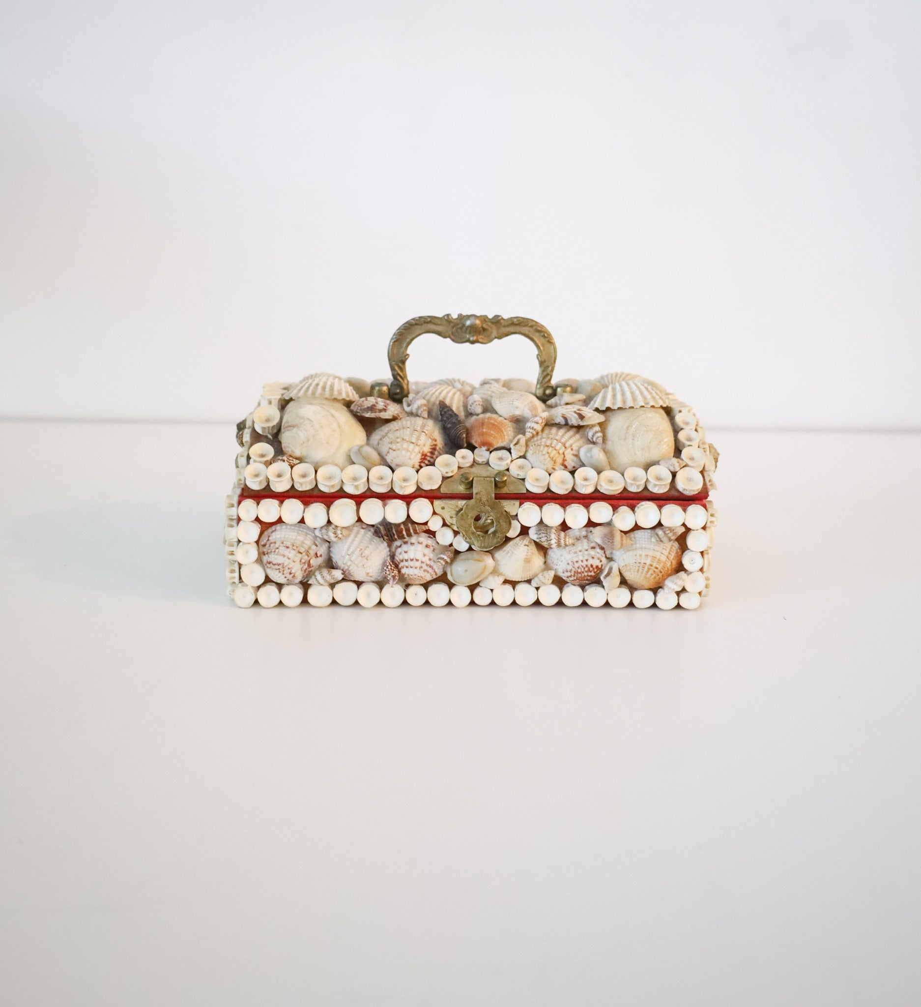 Vintage Handmade Seashell Box with Ornate Brass Handle