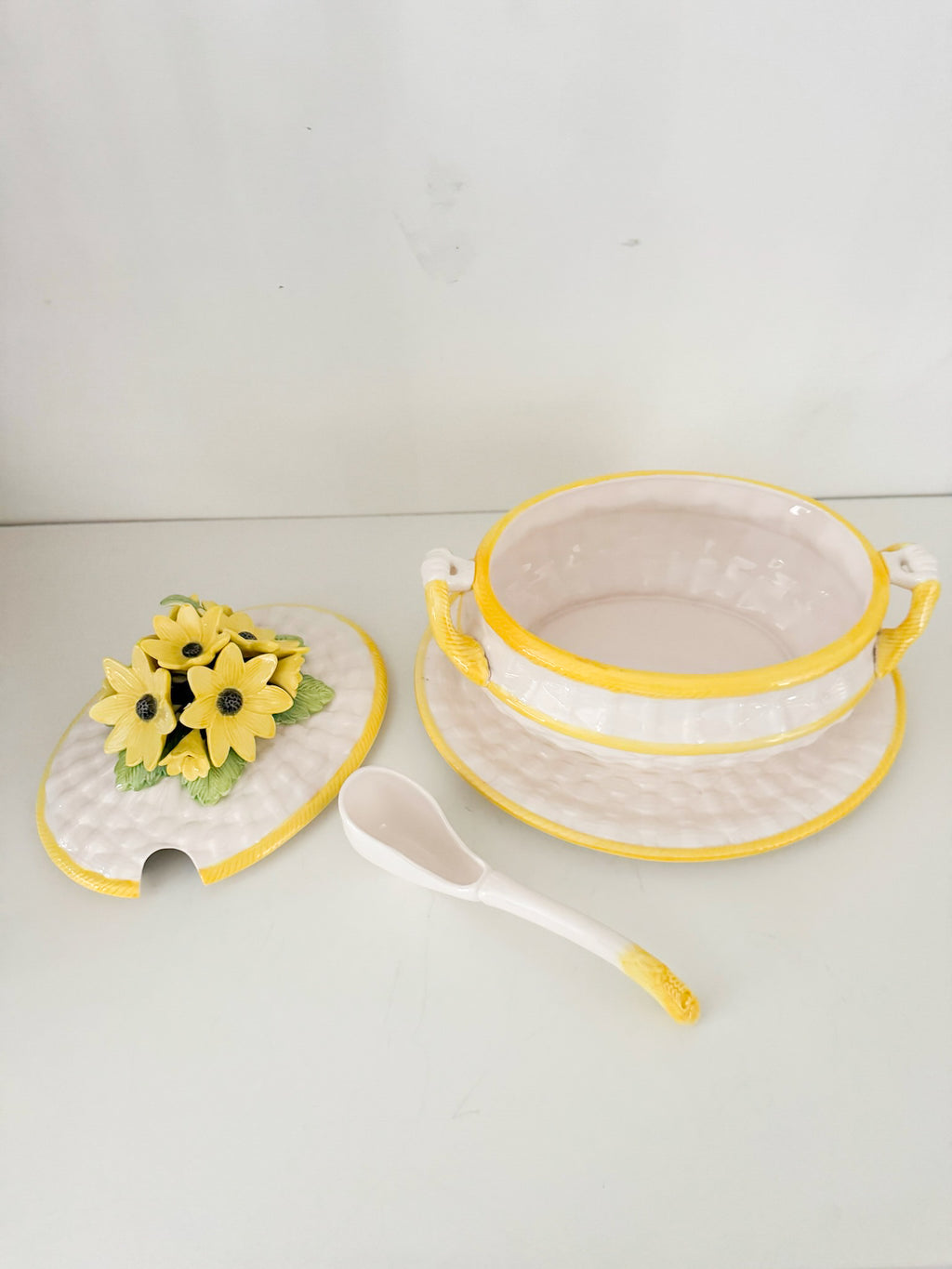 Vintage Yellow Daisy Harvest Soup Tureen, Ladle and Platter