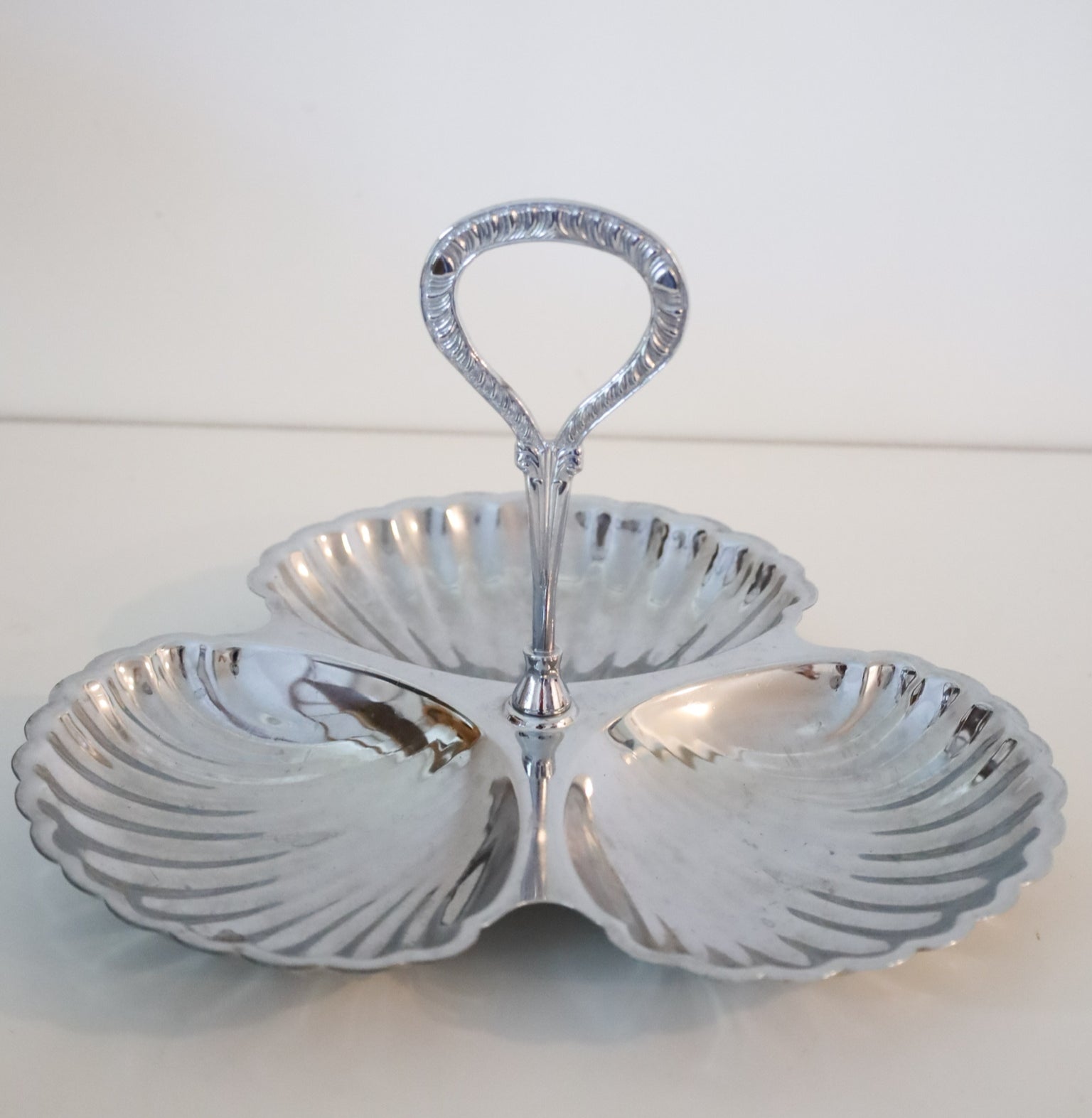 Vintage Irvinware Chrome 3-Section Shell Serving Dish with Removable Handle