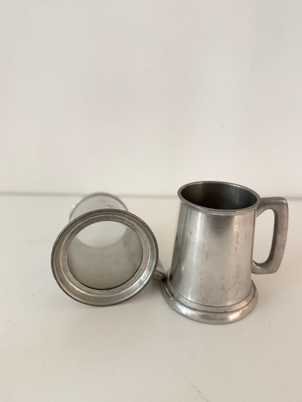 Pair of Vintage Refined Pewter Tankard Beer Steins with Glass Bottoms