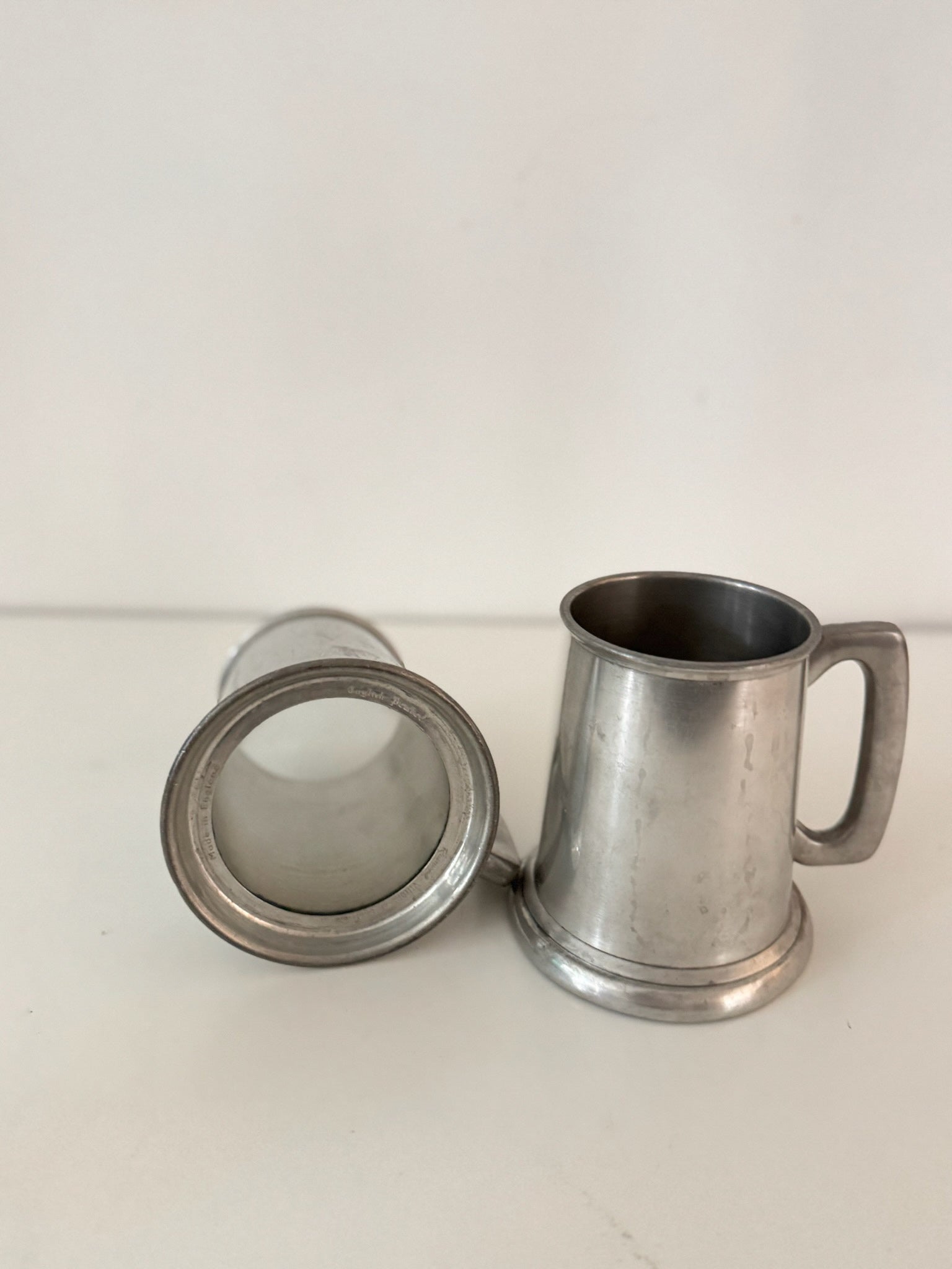 Pair of Vintage Refined Pewter Tankard Beer Steins with Glass Bottoms
