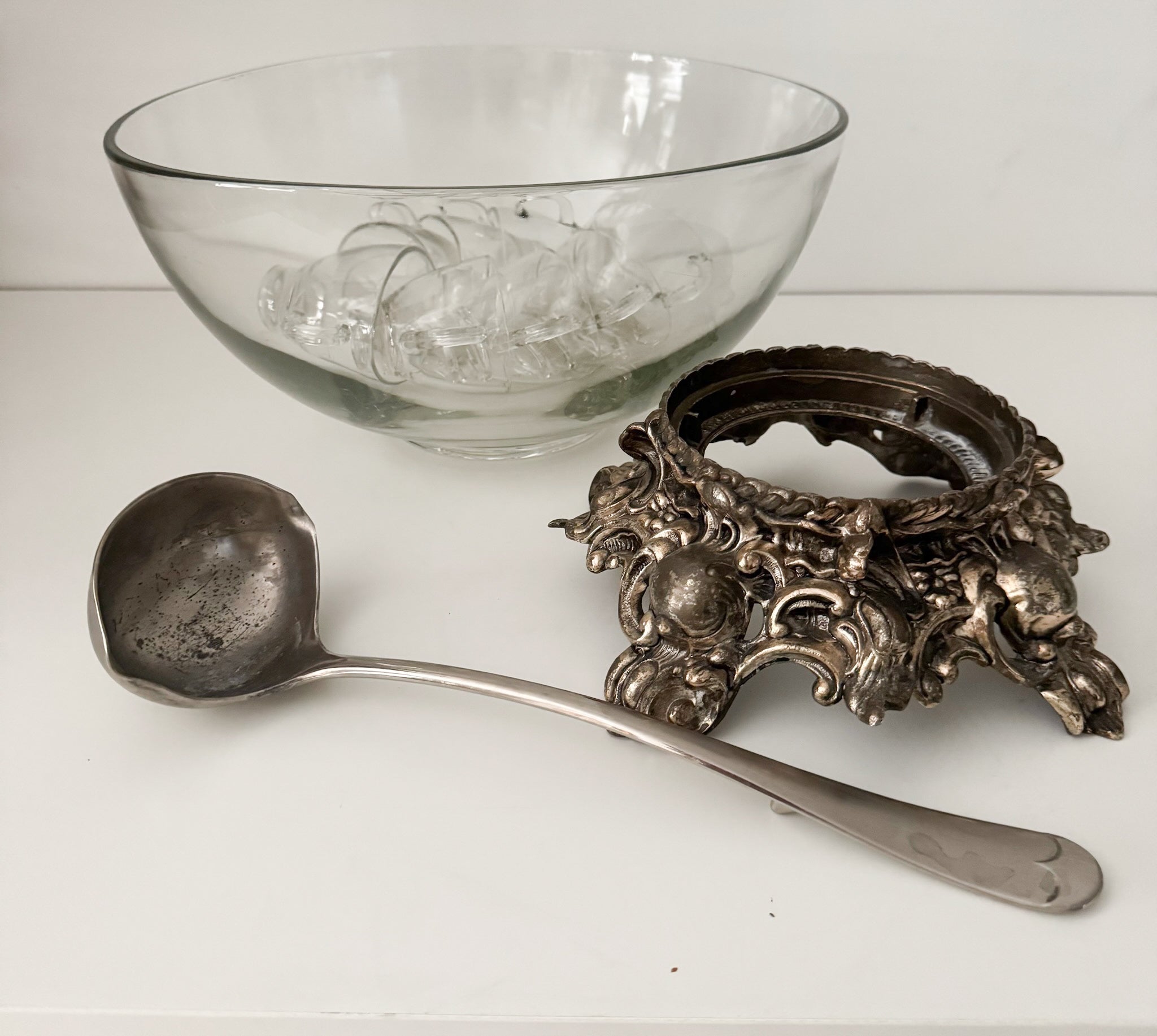 Vintage Punch Bowl and Pewter Ornate Base